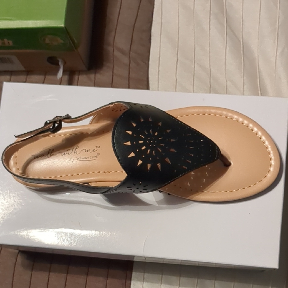 Coldwater Creek Black and Tan Sandals with Floral Accents
